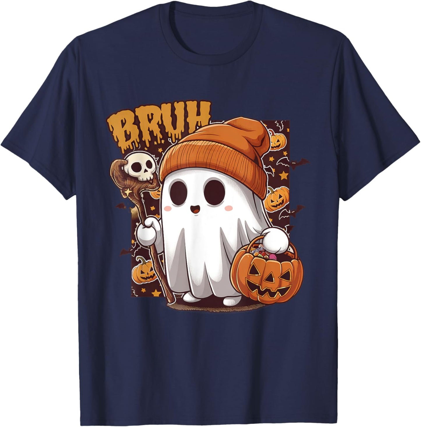 Bruh Ghost Happy Halloween Trick Or Treat Pumpkin Candy Kids T-Shirt - T-Shirt | Navy