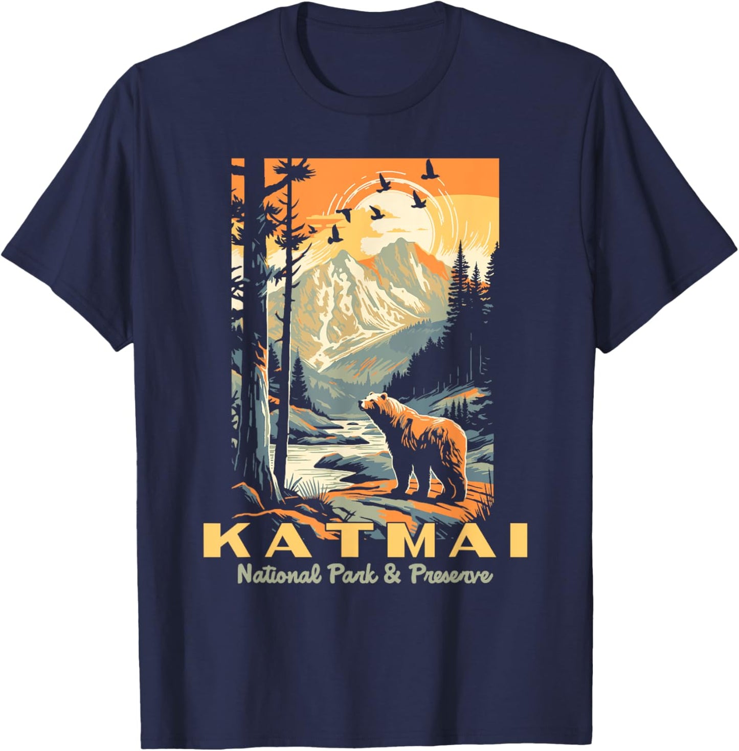Katmai National Park Vintage WPA Poster Style Alaska Bear T-Shirt - T-Shirt | Navy