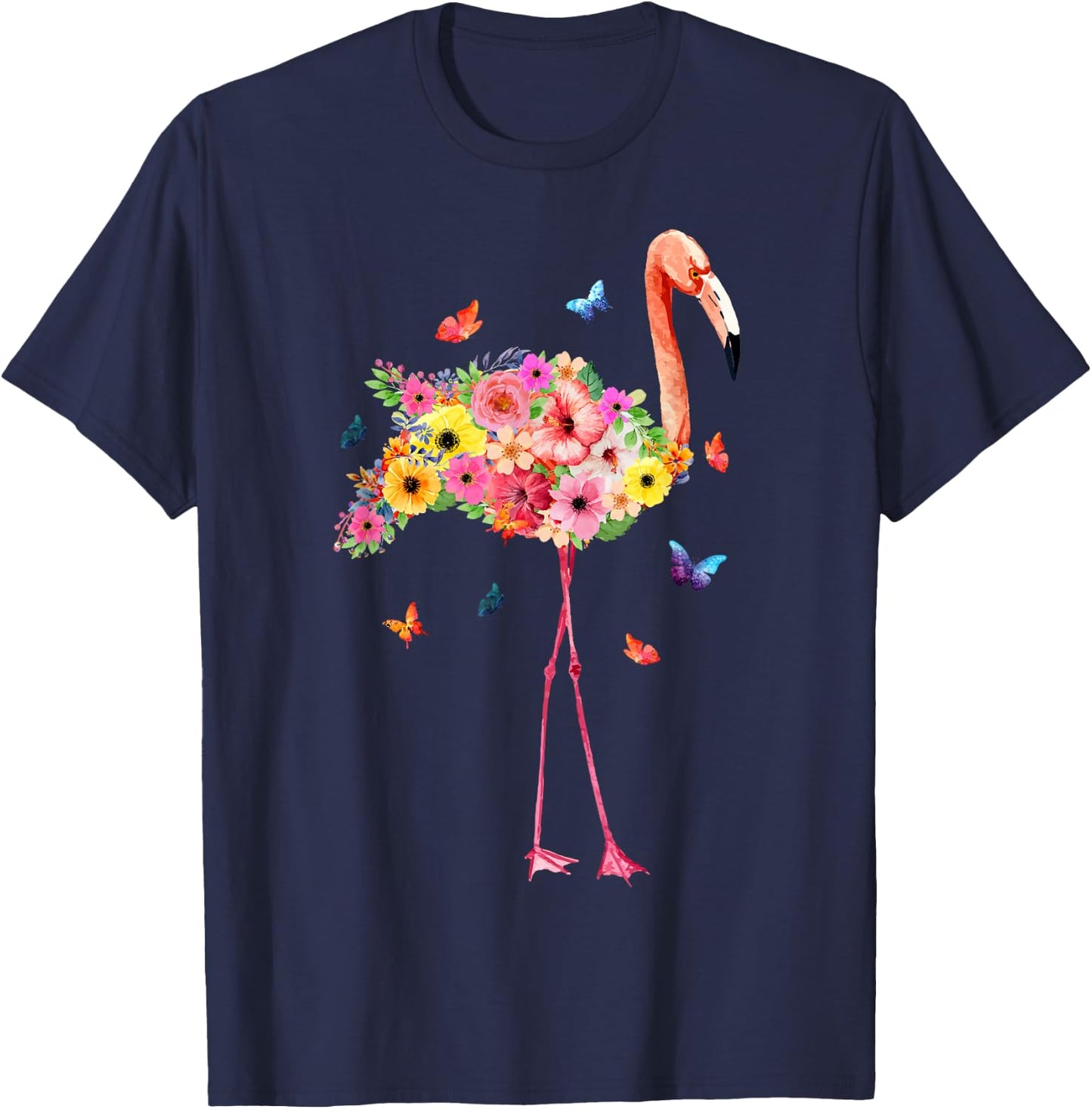 Pink Flamingo Watercolor Tropical Hawaiian Flowers Floral T-Shirt - T-Shirt | Navy