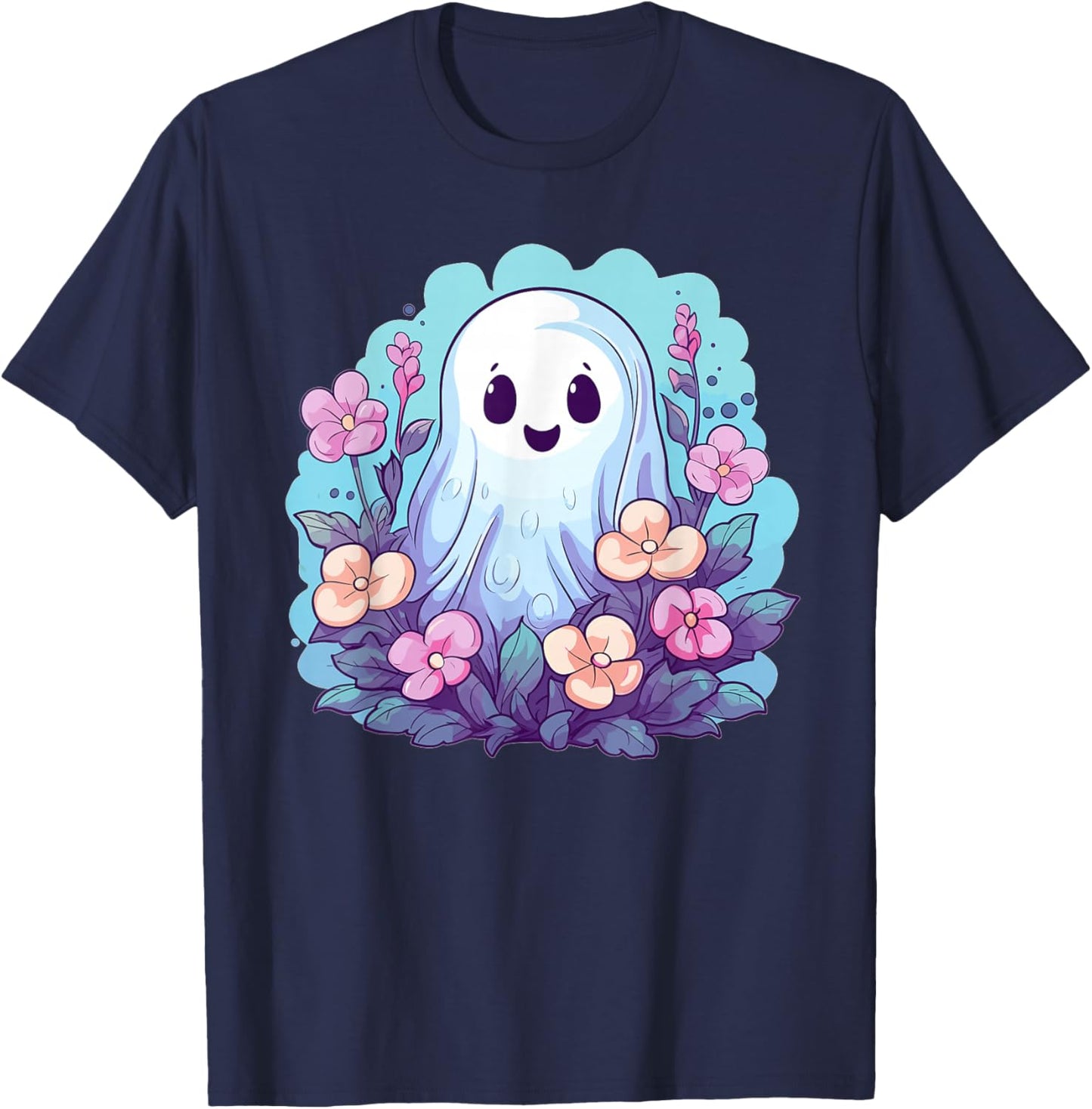 Cute Ghost With Flowers I Kids Ghost T-Shirt - T-Shirt | Navy