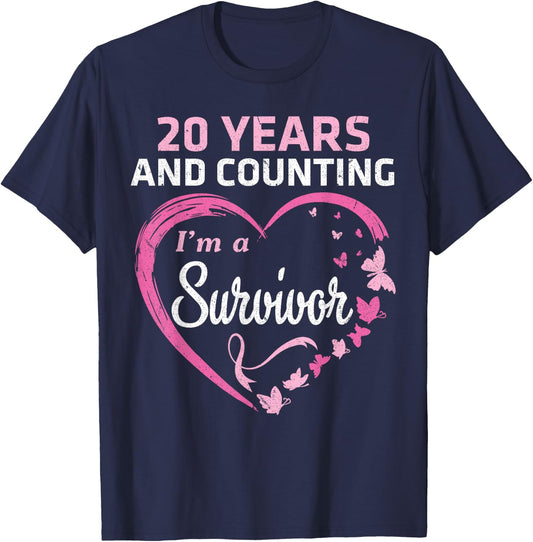 20 Years And Counting I'm A Breast Cancer Survivor Fight Win T-Shirt - T-Shirt | Navy