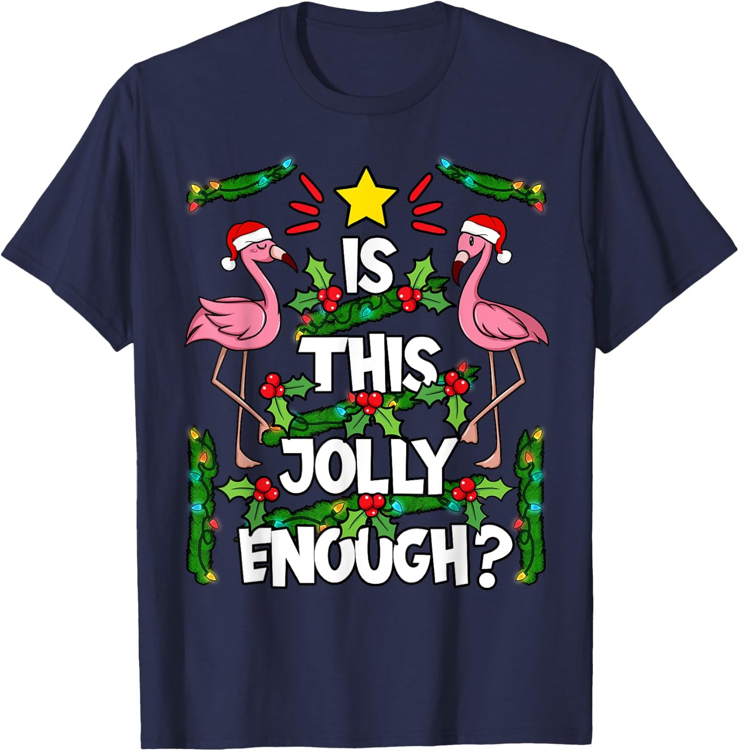 Christmas Tree Pink Flamingo Holiday Santa Hat Xmas T-Shirt - T-Shirt | Navy