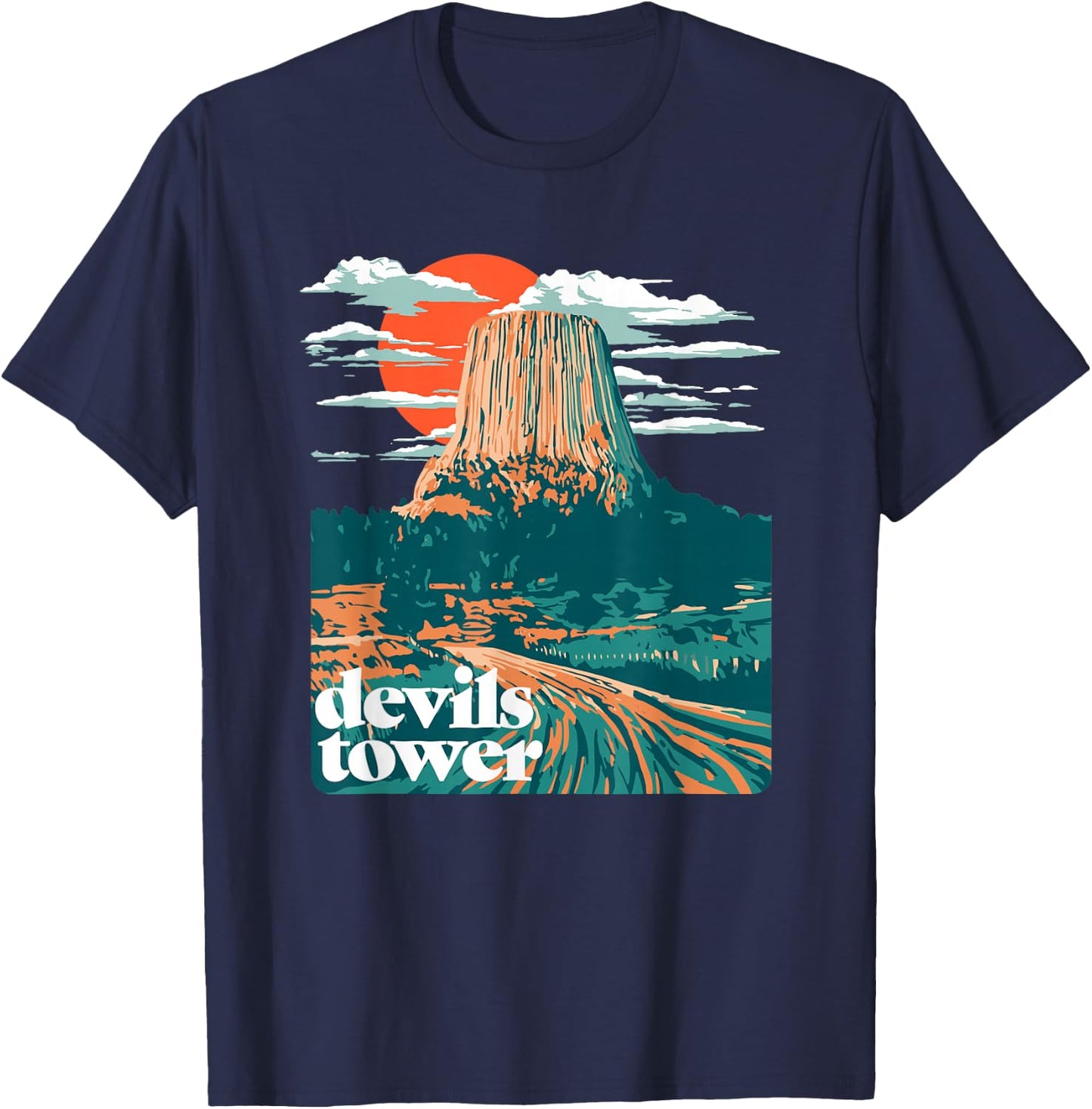 Retro Devils Tower Monument Vintage Design Graphic T-Shirt - T-Shirt | Navy