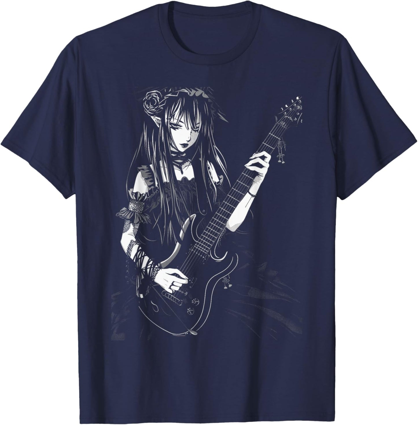 Anime Goth Girl Playing Manga Guitar Gothic Rock T-Shirt - T-Shirt | Navy