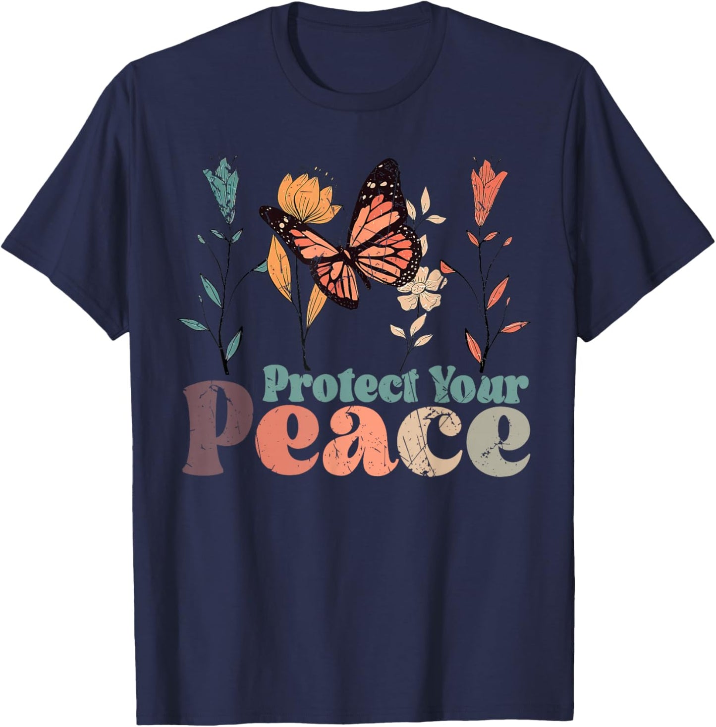 Vintage Flower Protect Your Peace Mental Health Awareness T-Shirt - T-Shirt | Navy
