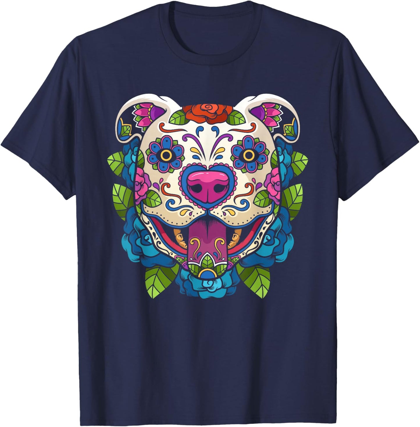 Pit Bull Sugar Skull Mexico Dog Calavera Dia De Los Muertos T-Shirt - T-Shirt | Navy