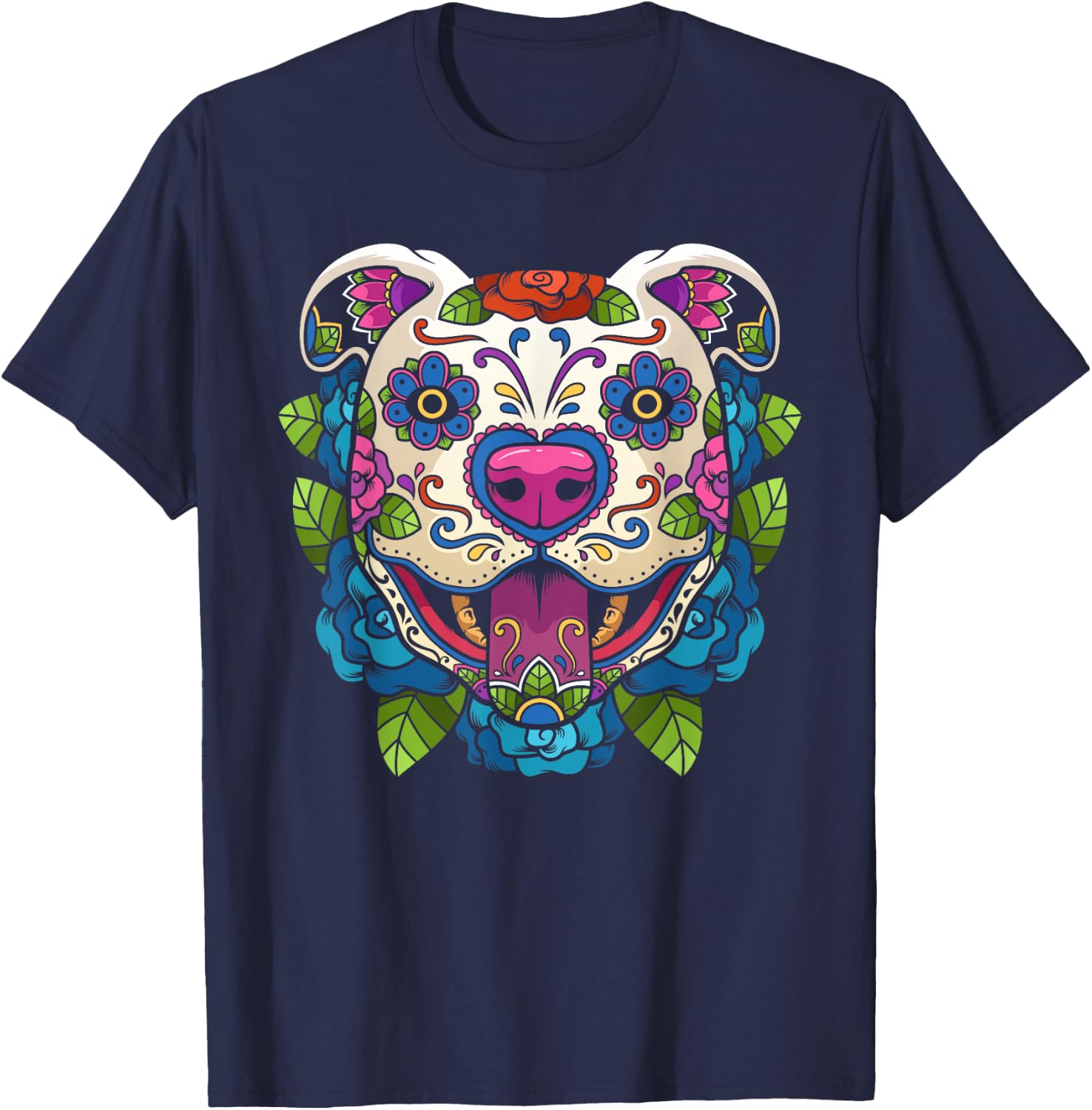 Pit Bull Sugar Skull Mexico Dog Calavera Dia De Los Muertos T-Shirt - T-Shirt | Navy