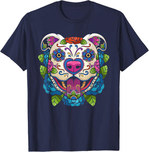 Pit Bull Sugar Skull Mexico Dog Calavera Dia De Los Muertos T-Shirt - T-Shirt | Navy