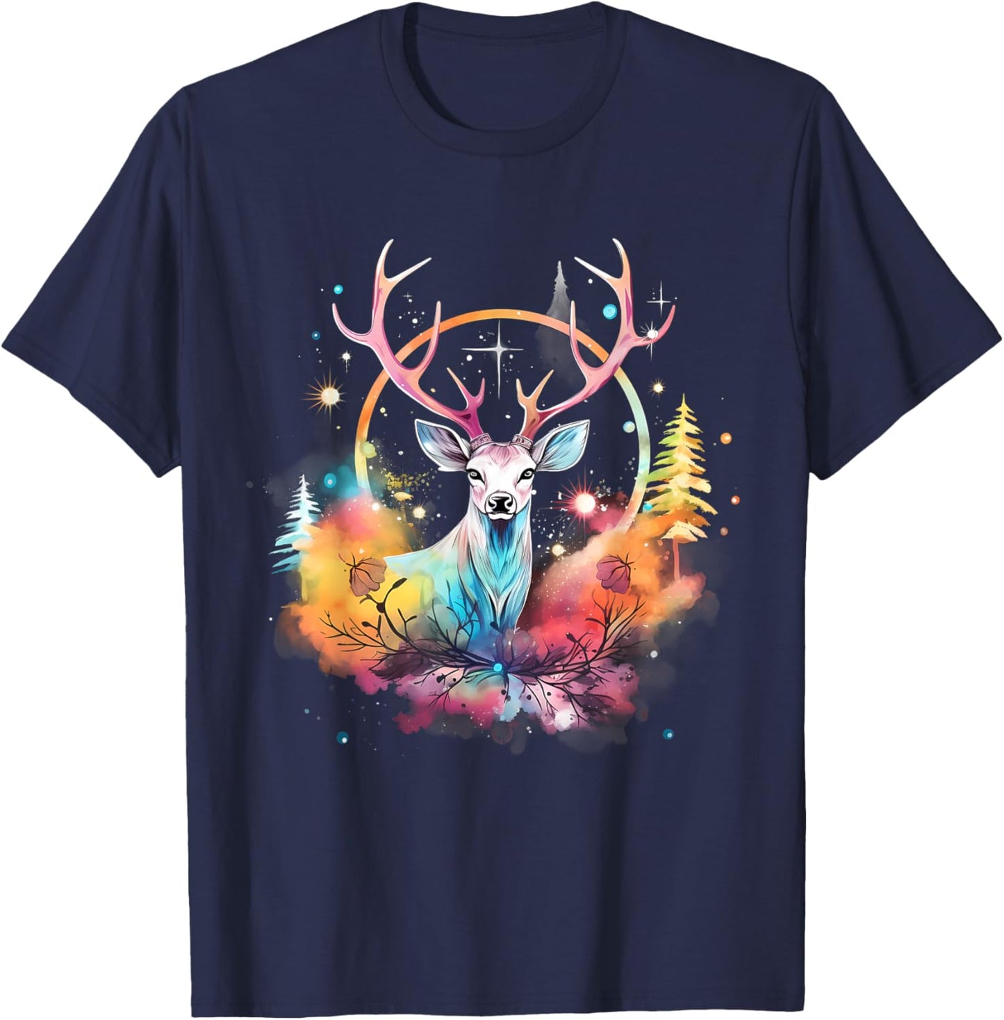 Deer Colourful Floral Motif Forest Nature Animal Lovers T-Shirt - T-Shirt | Navy