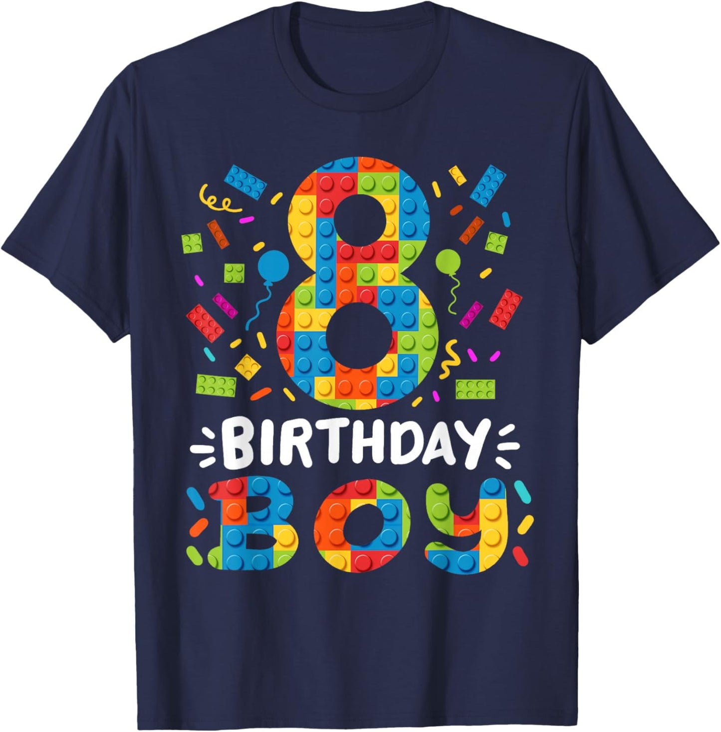 Kids 8 Years Old Building Blocks Builder 8th Birthday Boys T-Shirt - T-Shirt | Navy