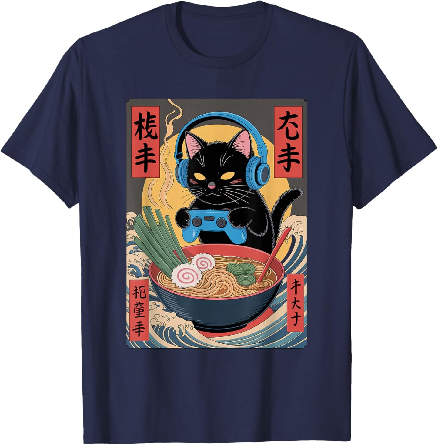 Cute Kawaii Gamer Cat Funny Ramen Retro Japanese Cat Gaming T-Shirt - T-Shirt | Navy