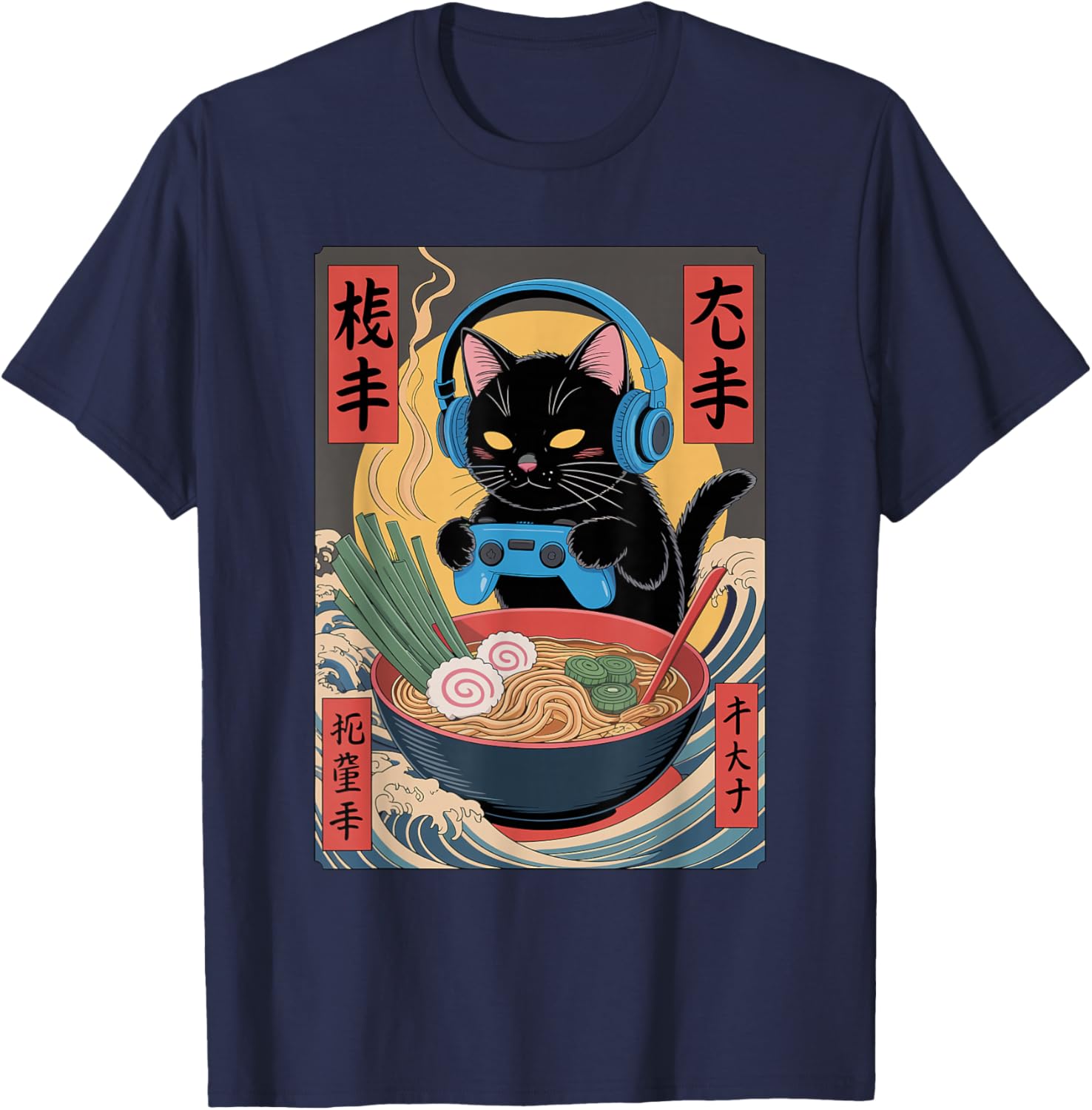 Cute Kawaii Gamer Cat Funny Ramen Retro Japanese Cat Gaming T-Shirt - T-Shirt | Navy