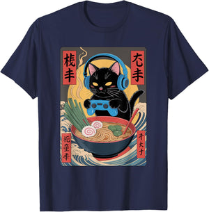 Cute Kawaii Gamer Cat Funny Ramen Retro Japanese Cat Gaming T-Shirt - T-Shirt | Navy
