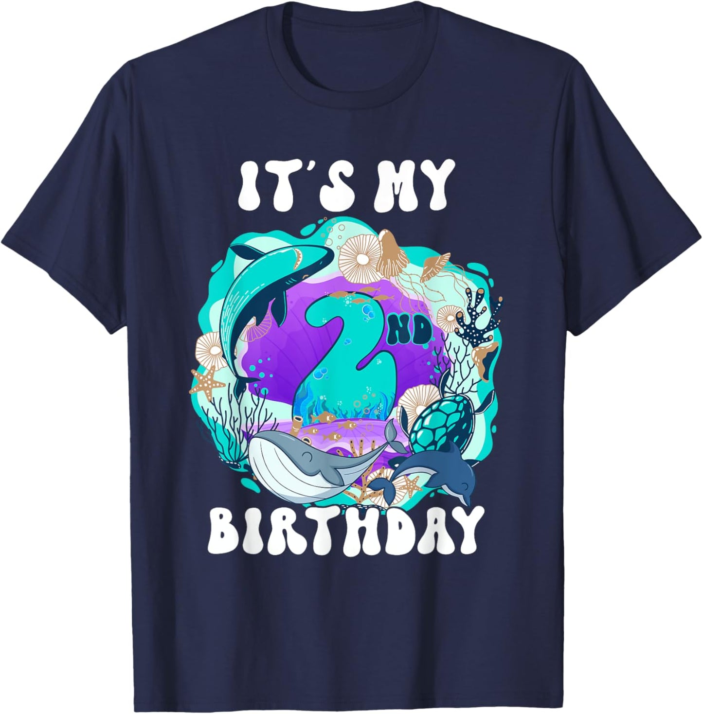 My 2 Year Old Ocean Life Whale Dolphin Shark 2nd Birthday T-Shirt - T-Shirt | Navy