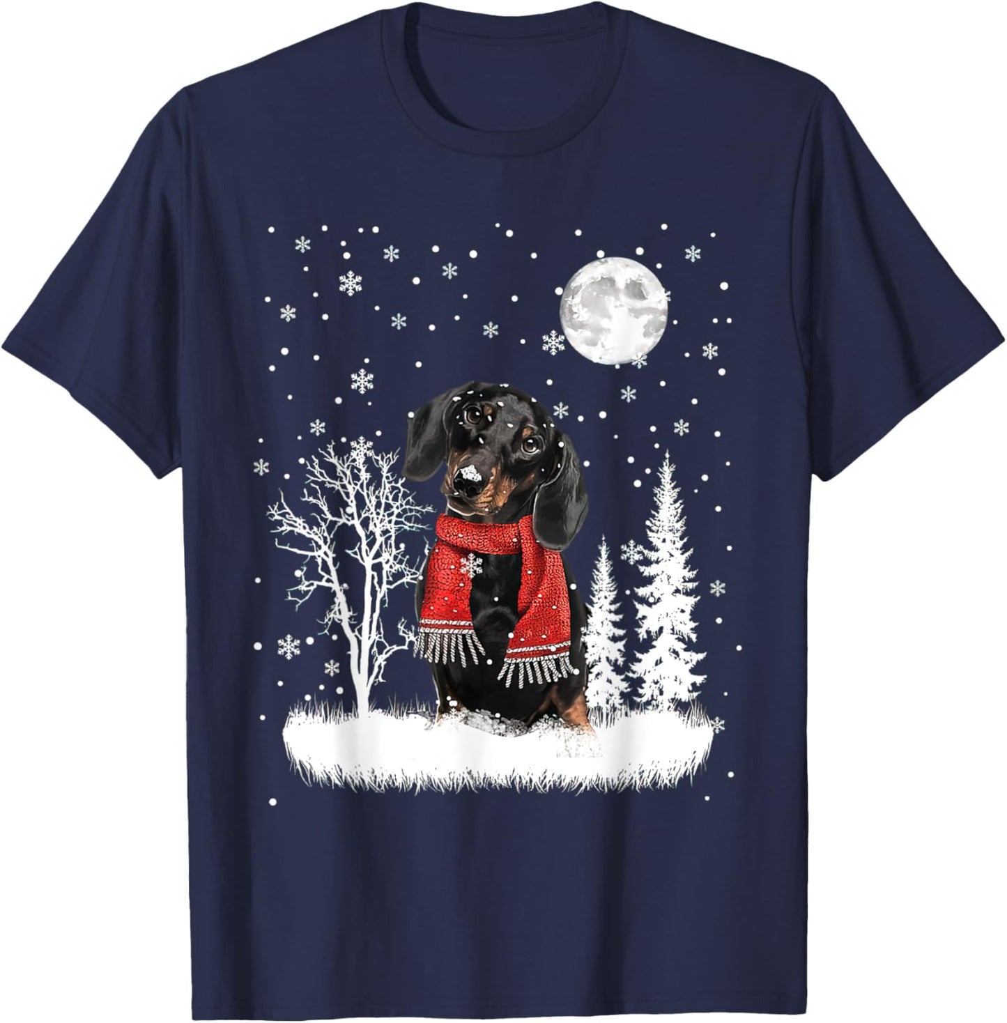 Dachshund Under Moonlight Snow Christmas Pajama T-Shirt - T-Shirt | Navy