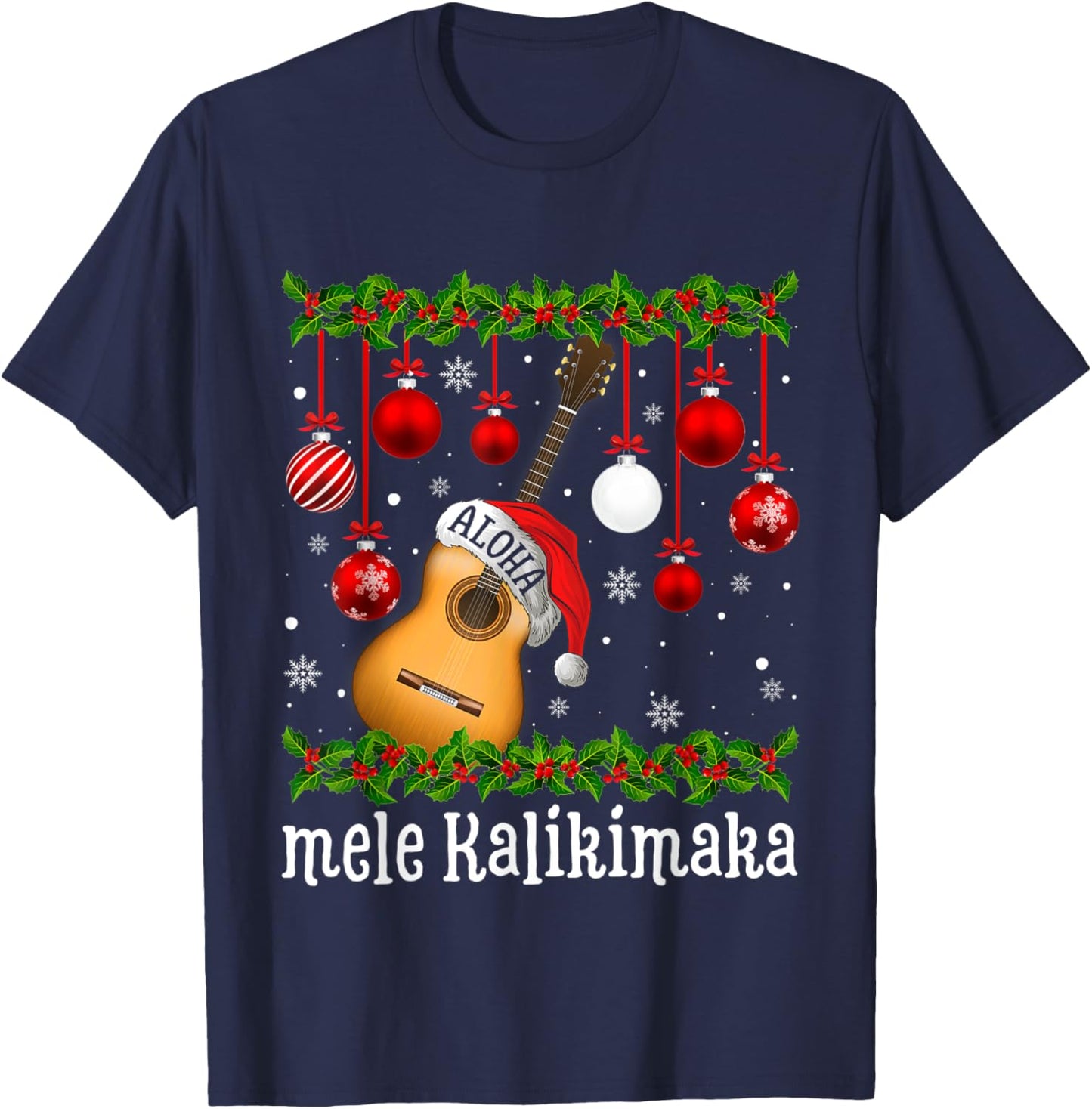 Funny Mele Kaliki Maka Christmas Tree Santa Guitar Hawaiian T-Shirt - T-Shirt | Navy