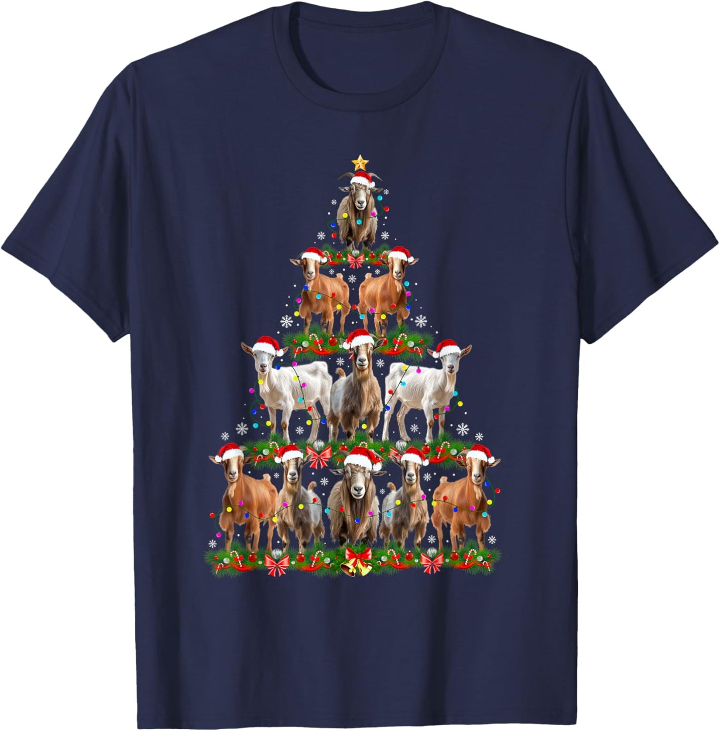 Goat Christmas Tree Lights Funny Xmas Family Men Women T-Shirt - T-Shirt | Navy
