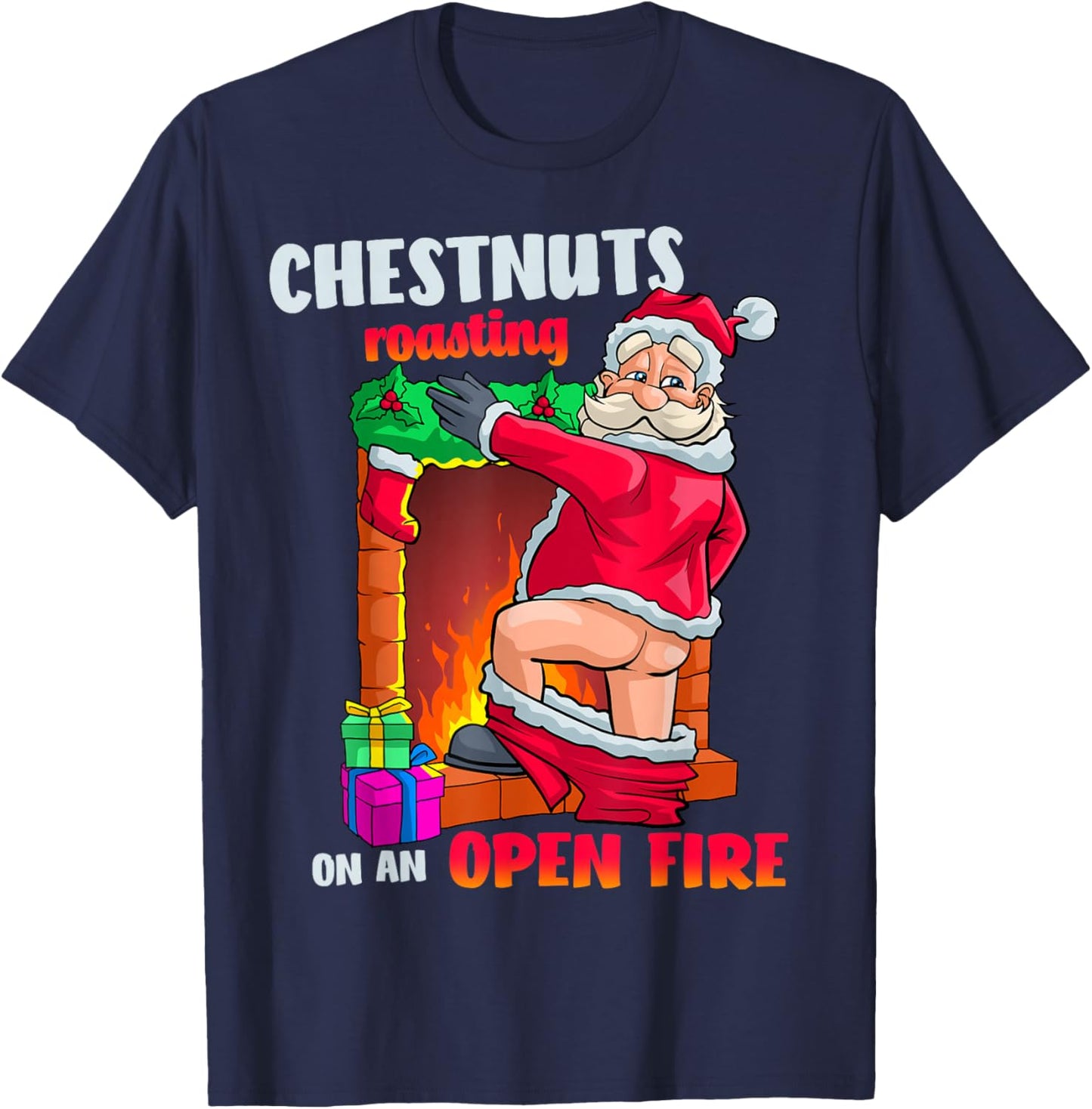 Chest Nuts Roasting Funny Naughty Santa Dirty Food Pun Xmas T-Shirt - T-Shirt | Navy