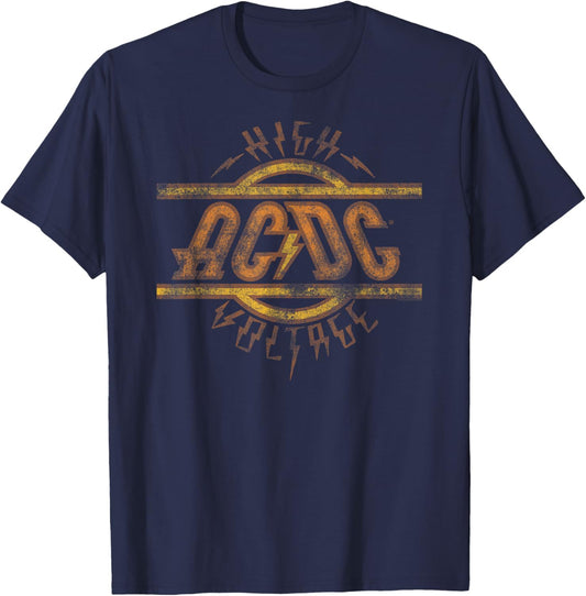 Official AC/DC High Voltage Logo Distressed Vintage Band T-Shirt - T-Shirt | Navy