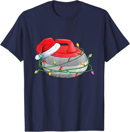 Christmas Curling Stone, Santa Hat wrapped in Holiday Lights T-Shirt - T-Shirt | Navy