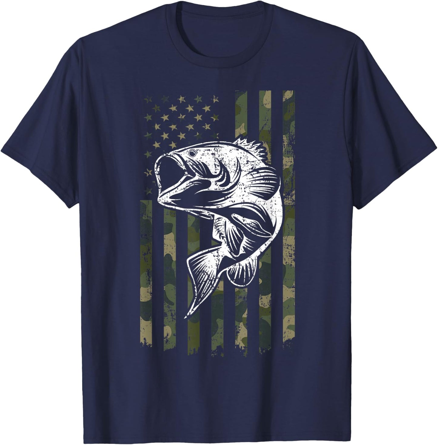 Large mouth Bass Fishing Camo American Flag USA Fisherman T-Shirt - T-Shirt | Navy