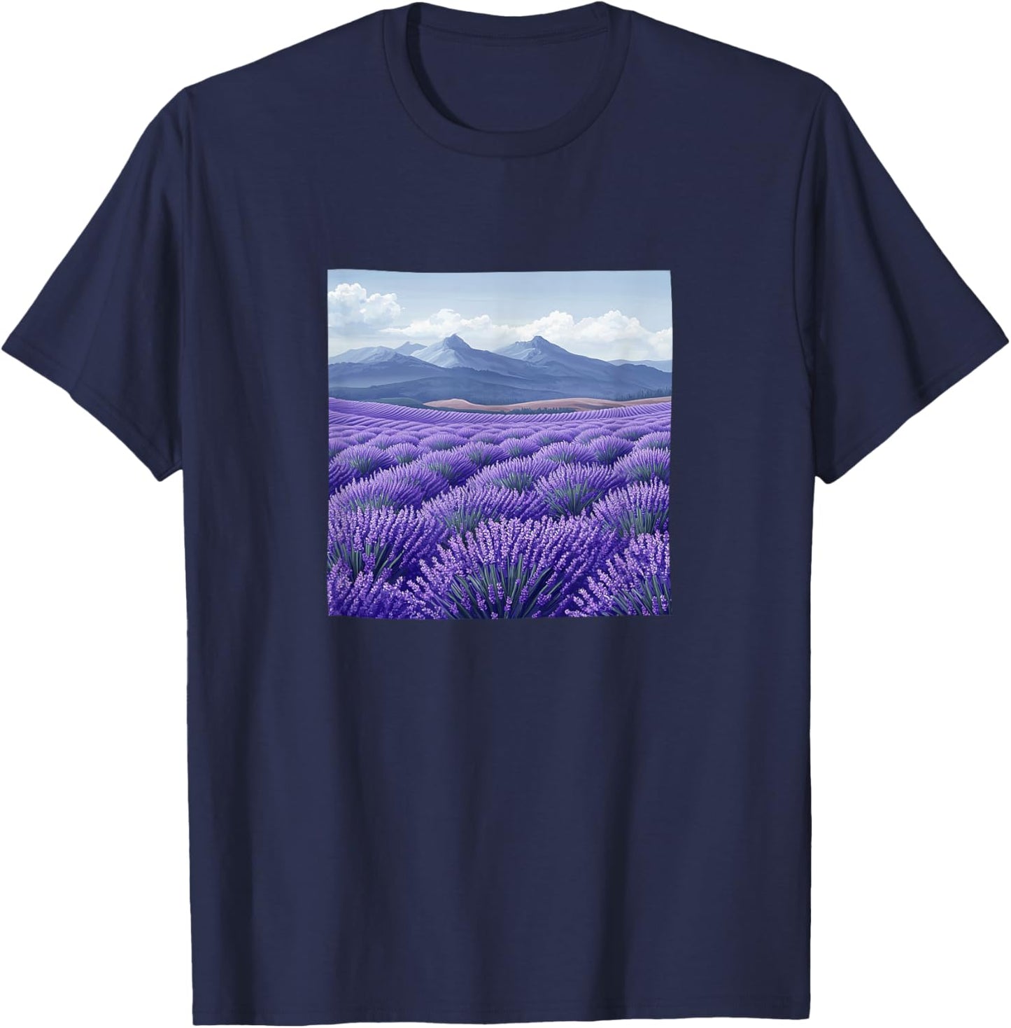 Lavender Fields In Bloom Vintage Landscape Graphic T-Shirt - T-Shirt | Navy
