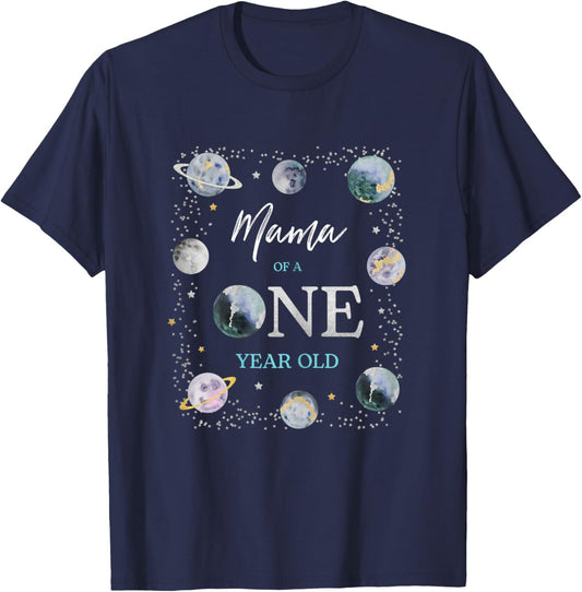 Mama Houston We Have A One Year Old Space Theme 1st Birthday T-Shirt - T-Shirt | Navy