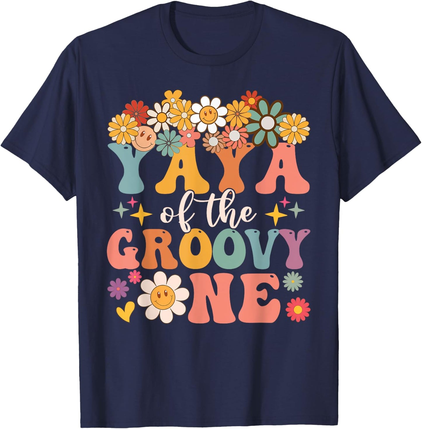 Retro Yaya of Groovy One Matching Family 1st Birthday Party T-Shirt - T-Shirt | Navy