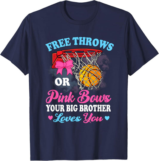 Free Throws or Pink Bows Big Brother Loves You Gender Reveal T-Shirt - T-Shirt | Navy