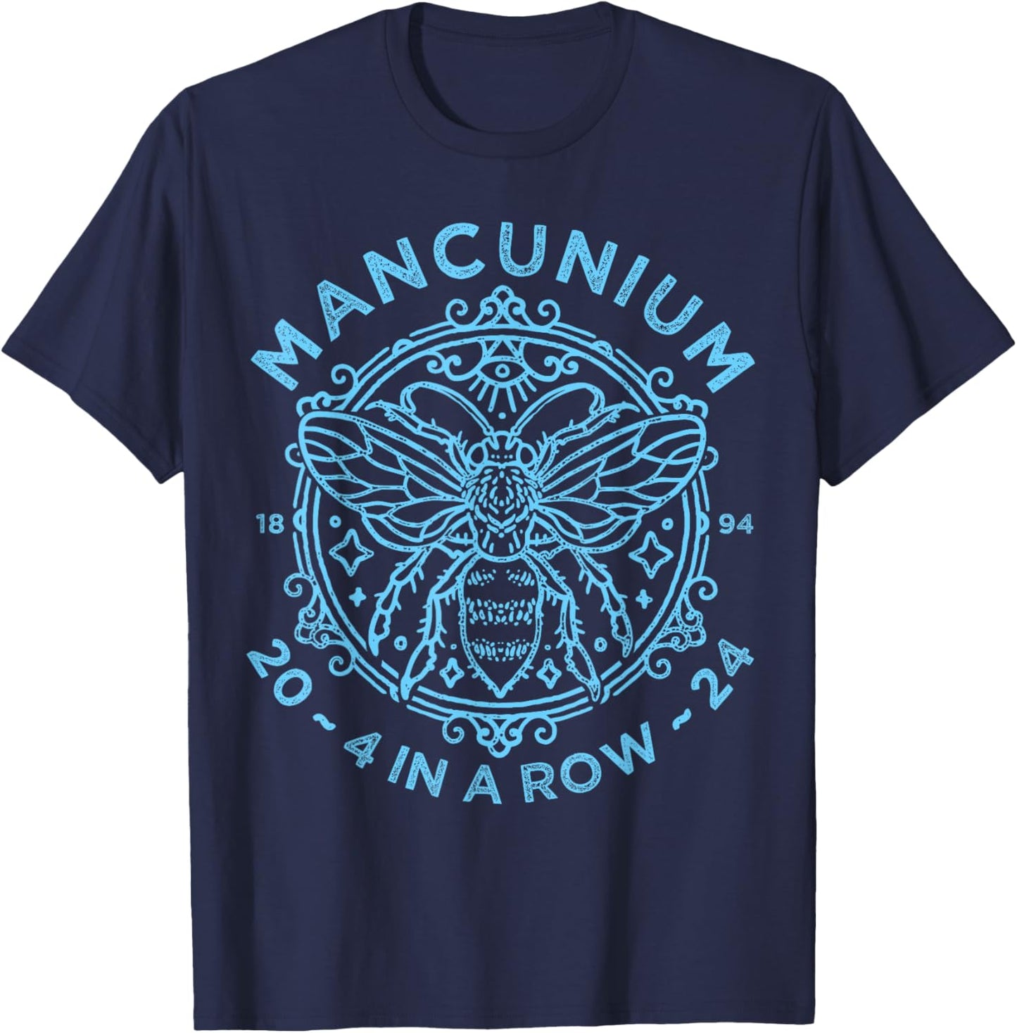 Mancunium, Four In A Row, Champions, City 2024 T-Shirt - T-Shirt | Navy