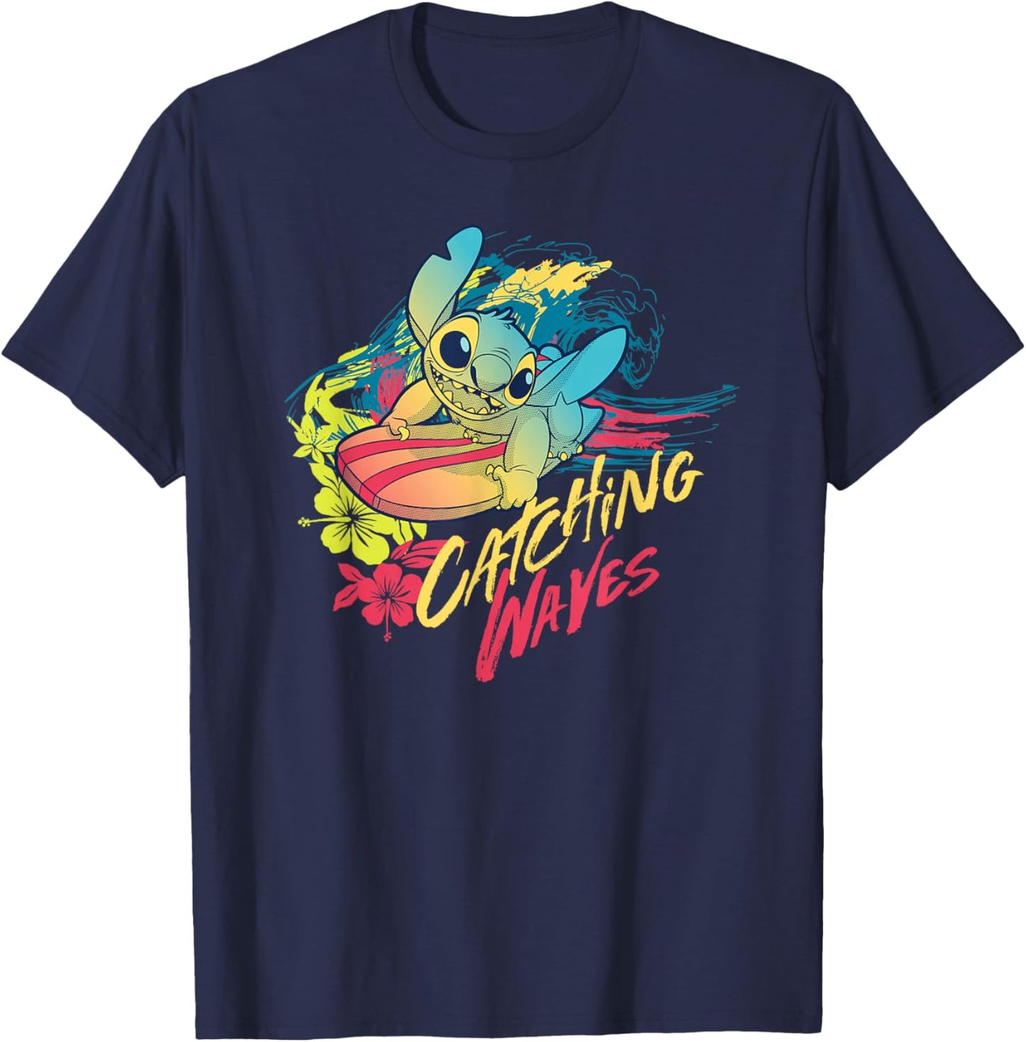 Disney Lilo & Stitch Beach Vibes Surfing Catching Waves T-Shirt - T-Shirt | Navy