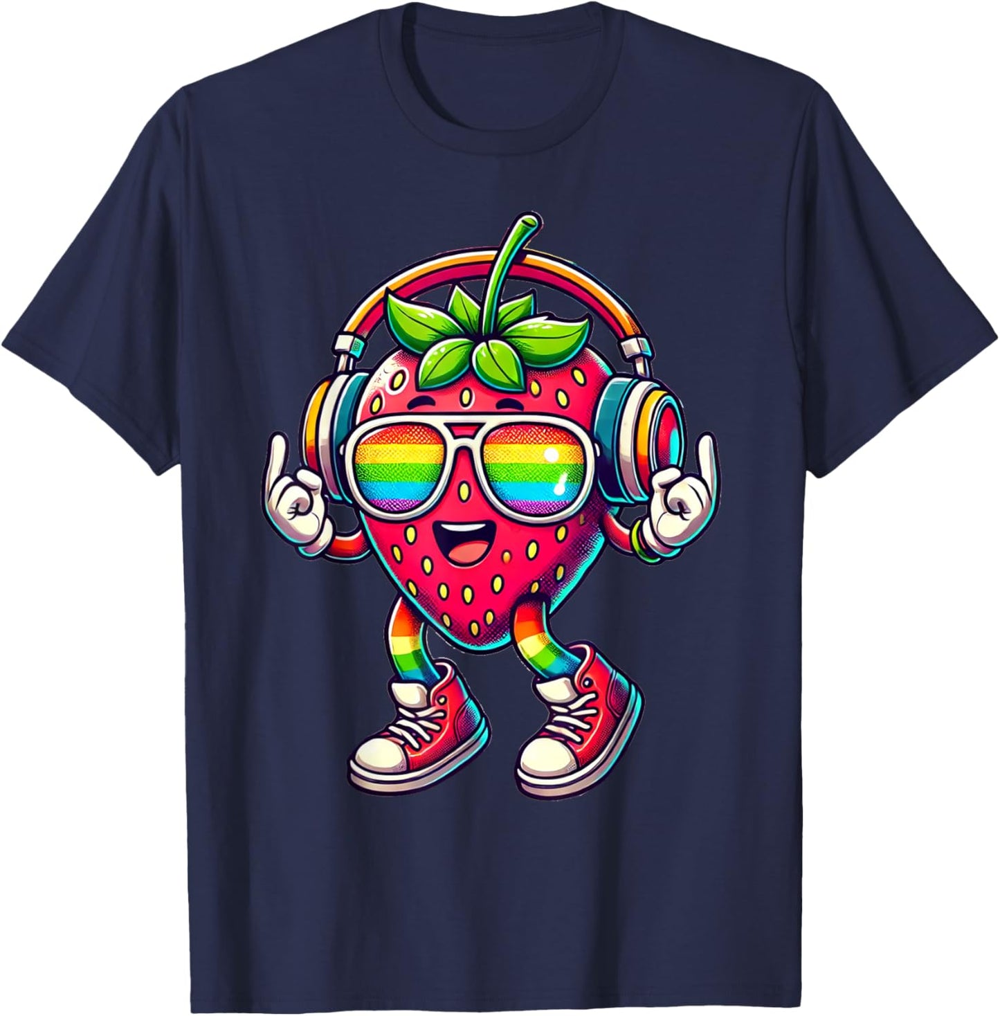 Erdbeere Kopfhörer | Lustige Retro Erdbeere mit Kopfhörern T-Shirt - T-Shirt | Navy