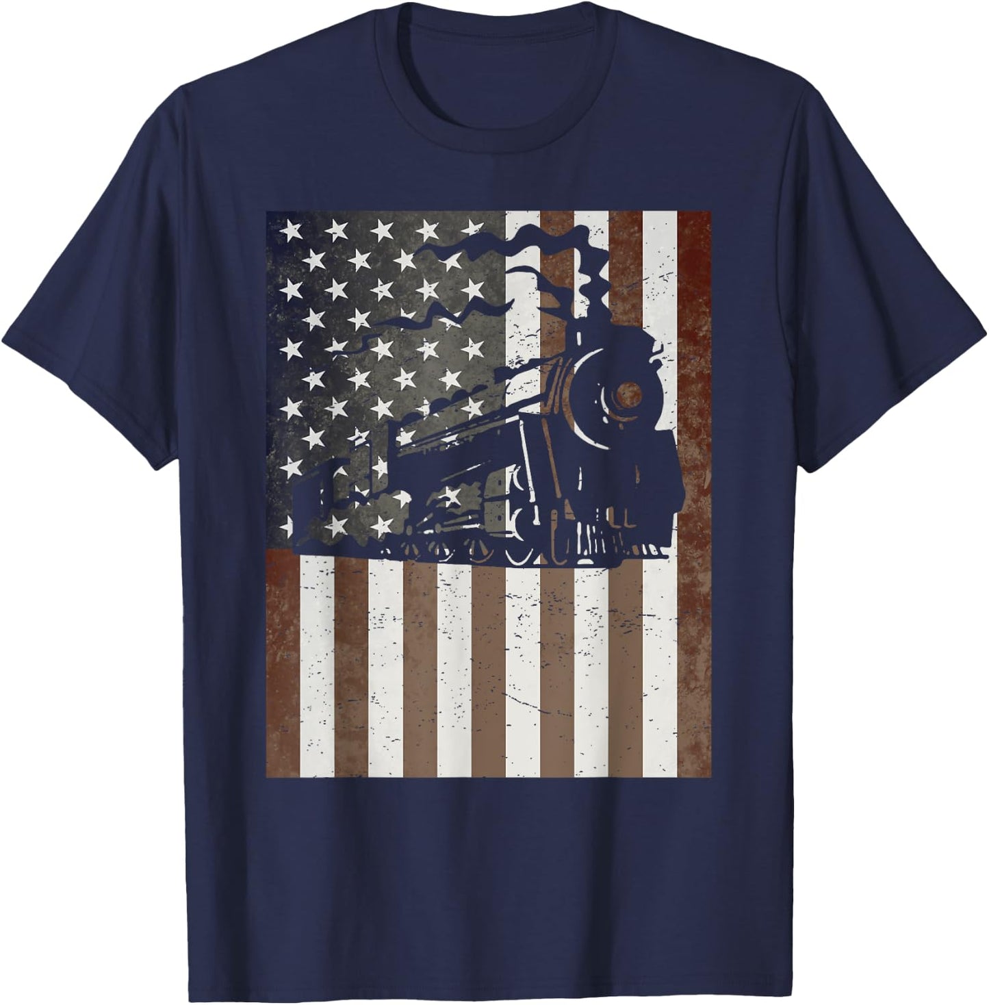 Train Locomotive Engine American Flag Model Builder Vintage T-Shirt - T-Shirt | Navy