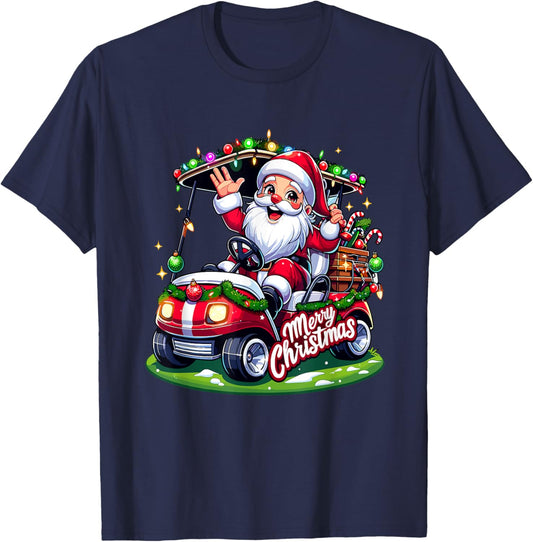 Santa Claus Golf Cart Merry Christmas Festive Xmas Holiday T-Shirt - T-Shirt | Navy