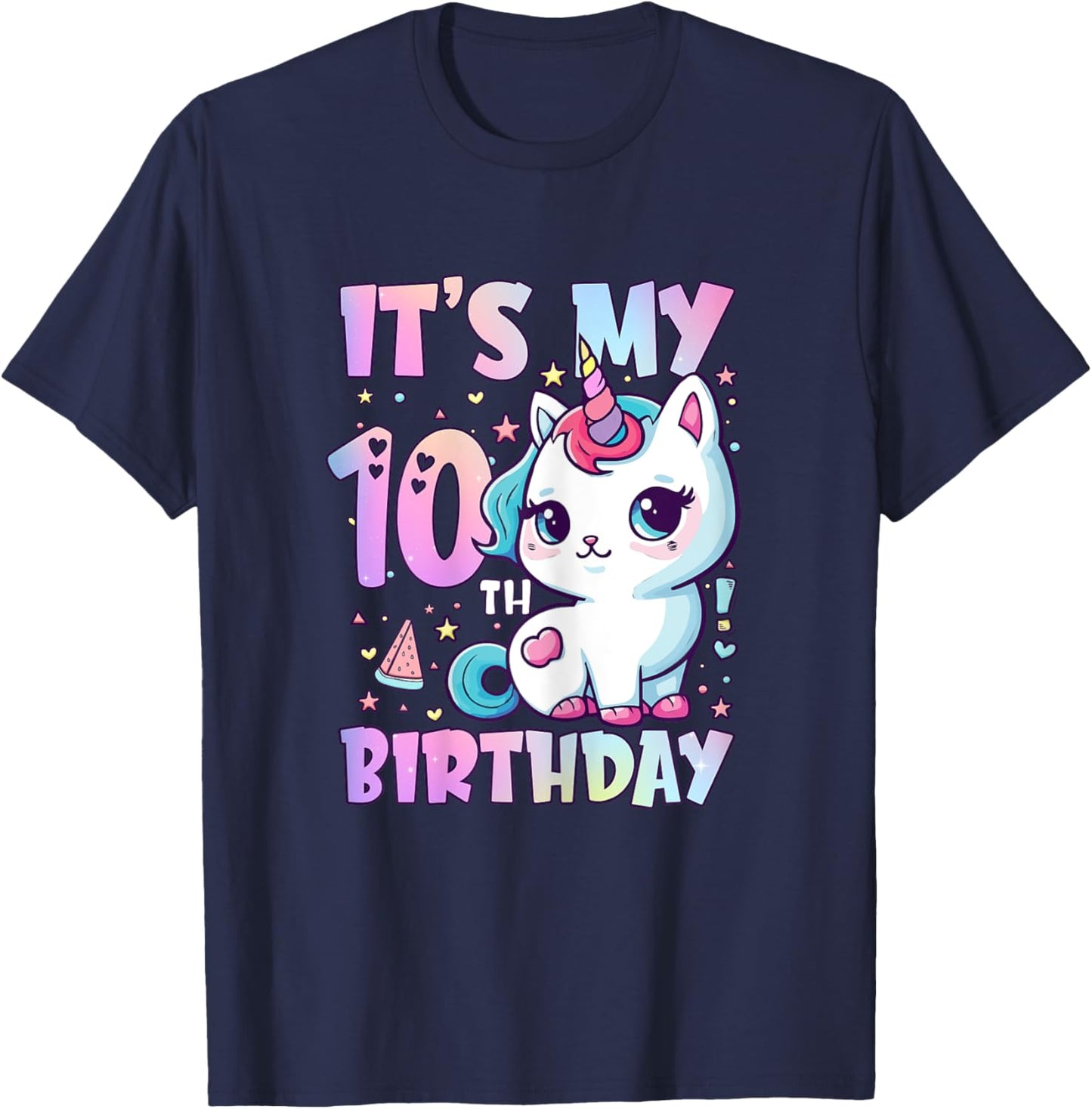 10th Birthday Shirt Girls 10 Year Old Cat Unicorn Birthday T-Shirt - T-Shirt | Navy