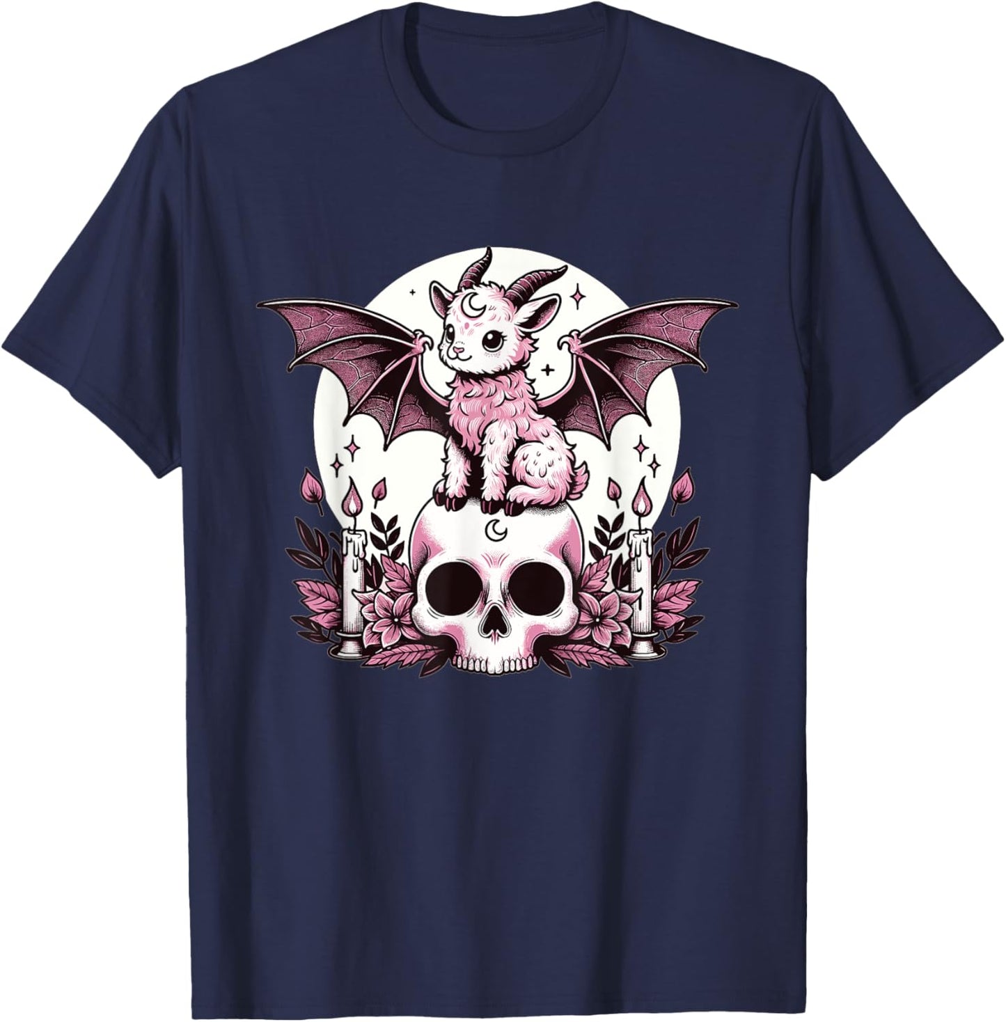 Kawaii Pastel Goth Cute Creepy Goat Bat Skeleton T-Shirt - T-Shirt | Navy