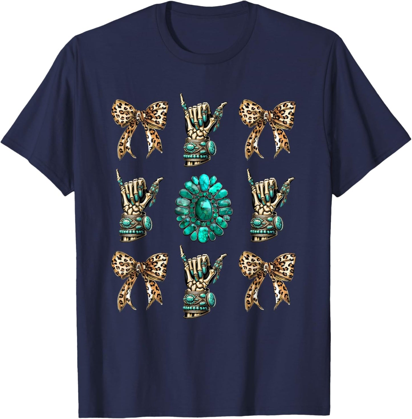 Skeleton Coquette Cowgirl Turquoise Leopard Western Rodeo T-Shirt - T-Shirt | Navy