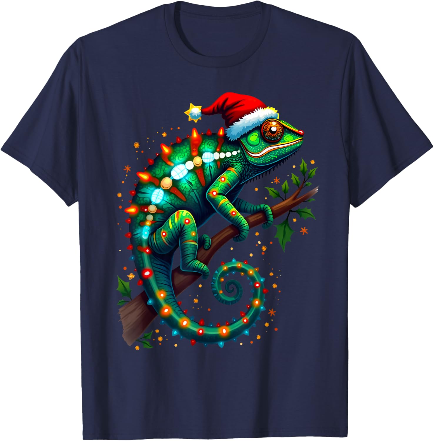 Chameleon Santa Hat Lights Christmas Cute Xmas Pajama T-Shirt - T-Shirt | Navy