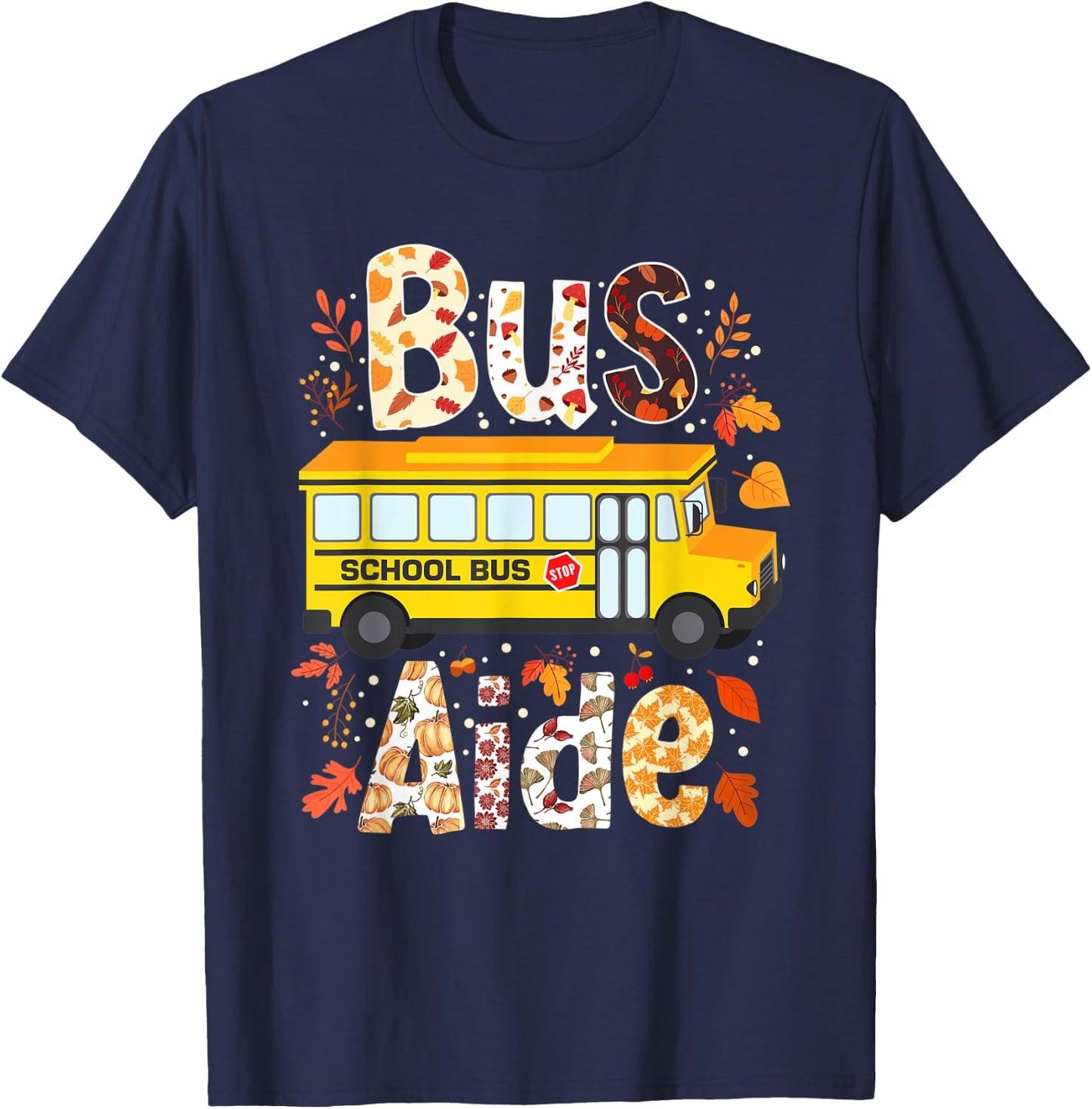 Leopard Pumpkins Bus Driver Fall Bus Aide Thanksgiving T-Shirt - T-Shirt | Navy