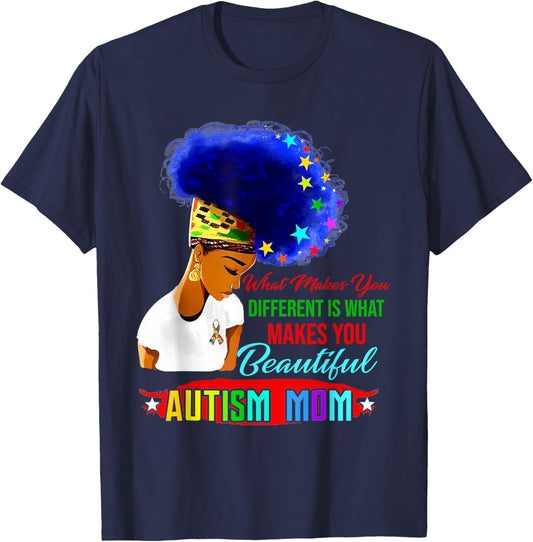 Black Afro American Autism Awareness Mom Rainbow T-Shirt - T-Shirt | Navy