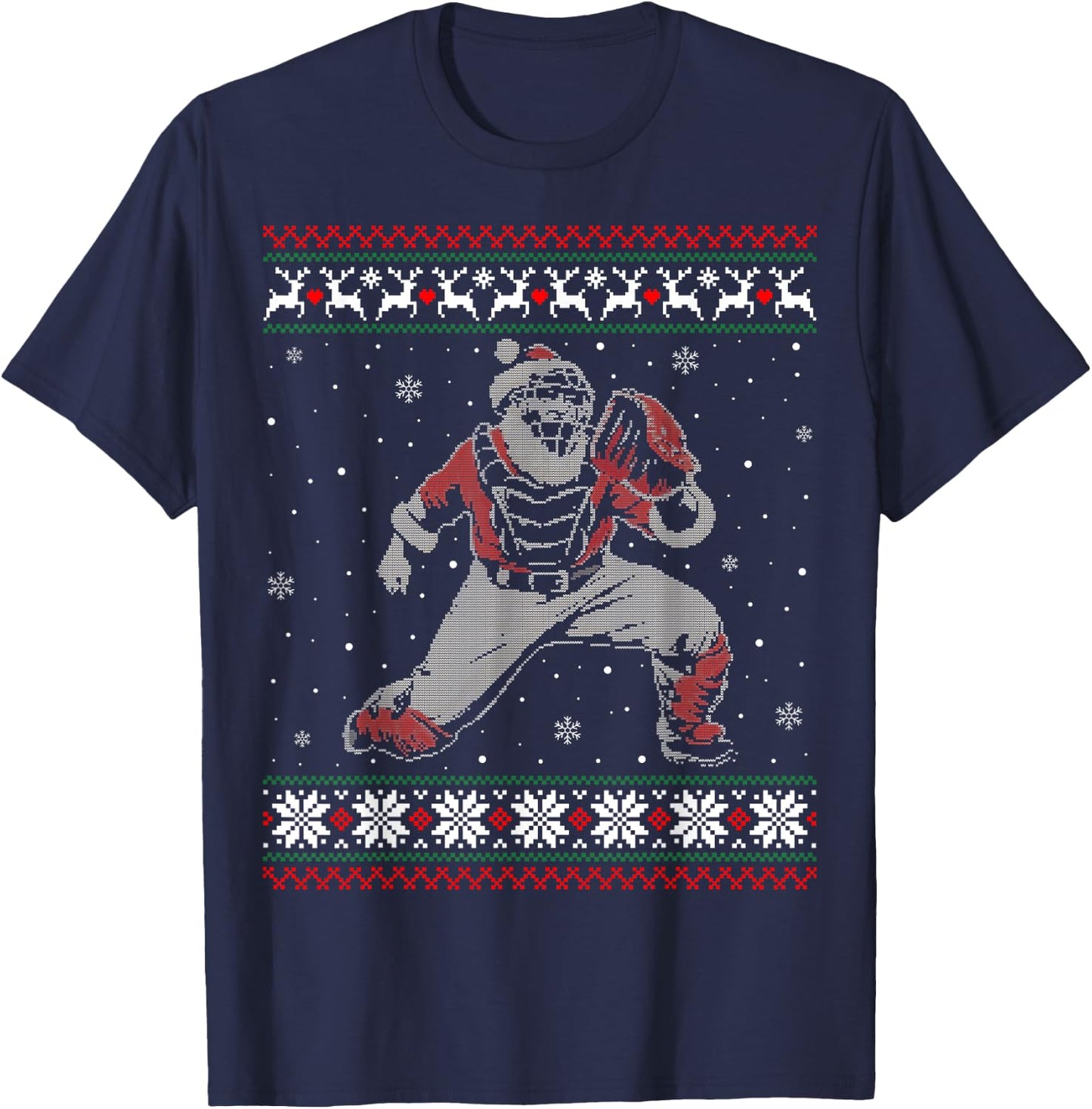 Baseball Catcher Christmas Ugly Sweater Baseball Player T-Shirt - T-Shirt | Navy