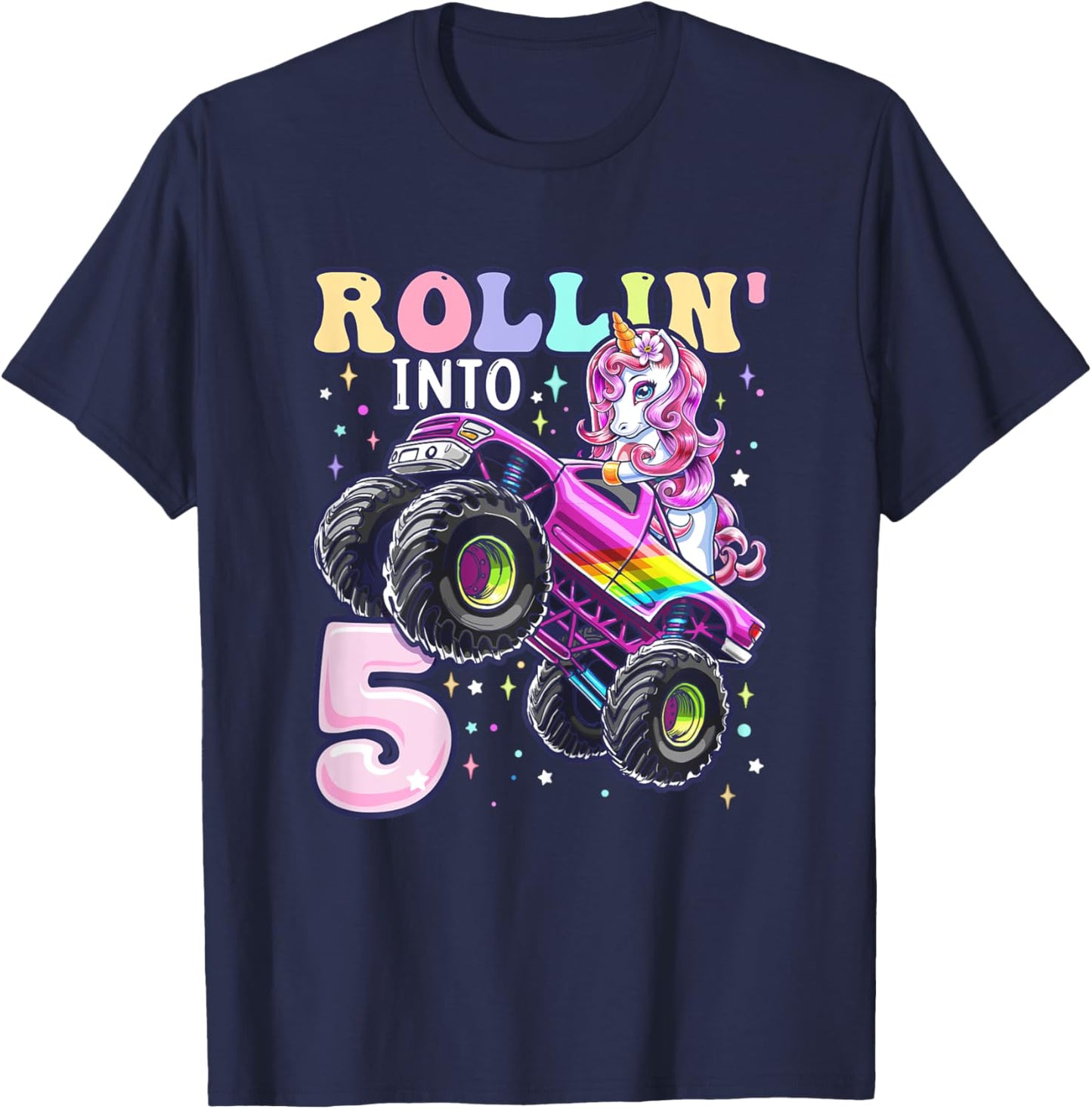 Unicorn Monster Truck 5th Birthday 5 Year Old Girls Party T-Shirt - T-Shirt | Navy