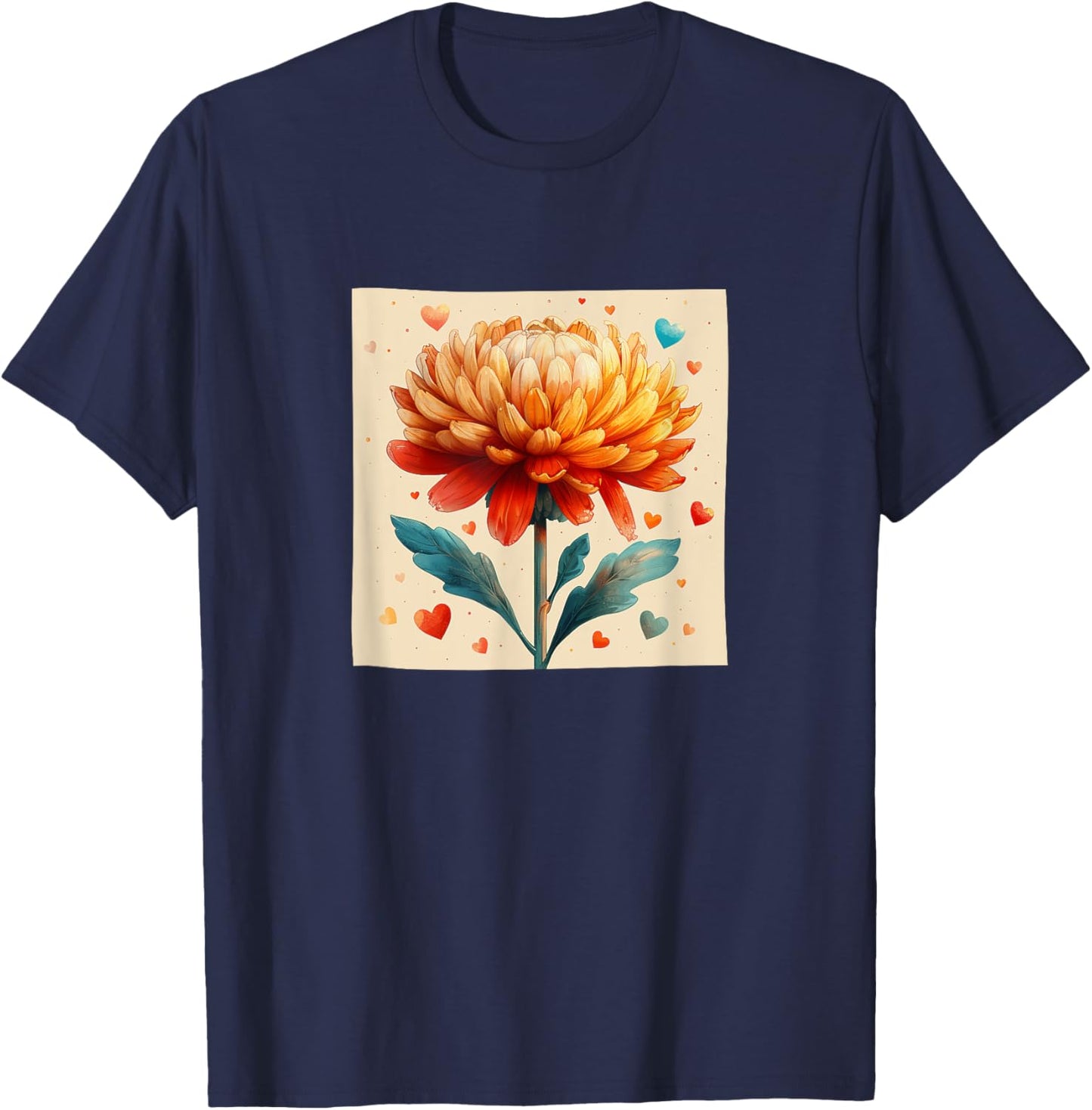 Chrysanthemum Flowers With Hearts Around Boho Graphic T-Shirt - T-Shirt | Navy