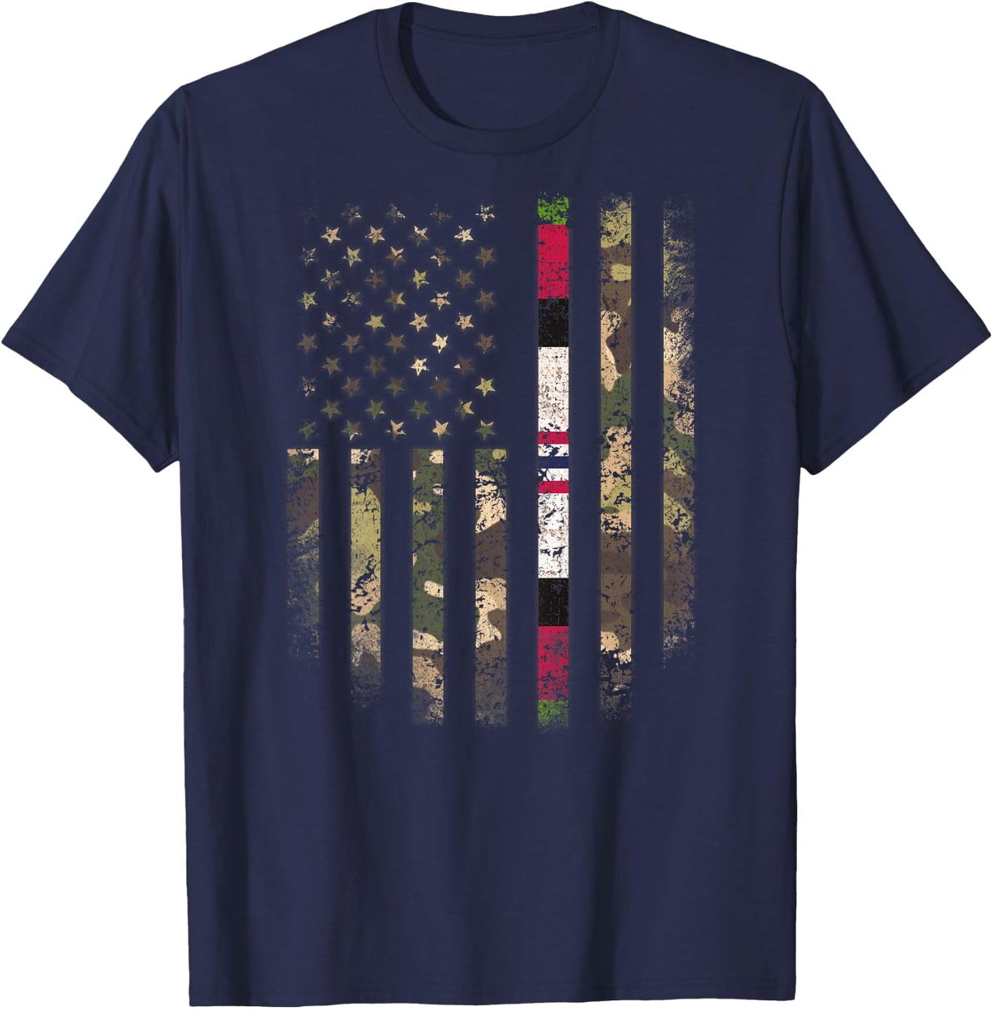 Proud Afghanistan Veteran Camo US Flag Ribbon Military Gifts T-Shirt - T-Shirt | Navy