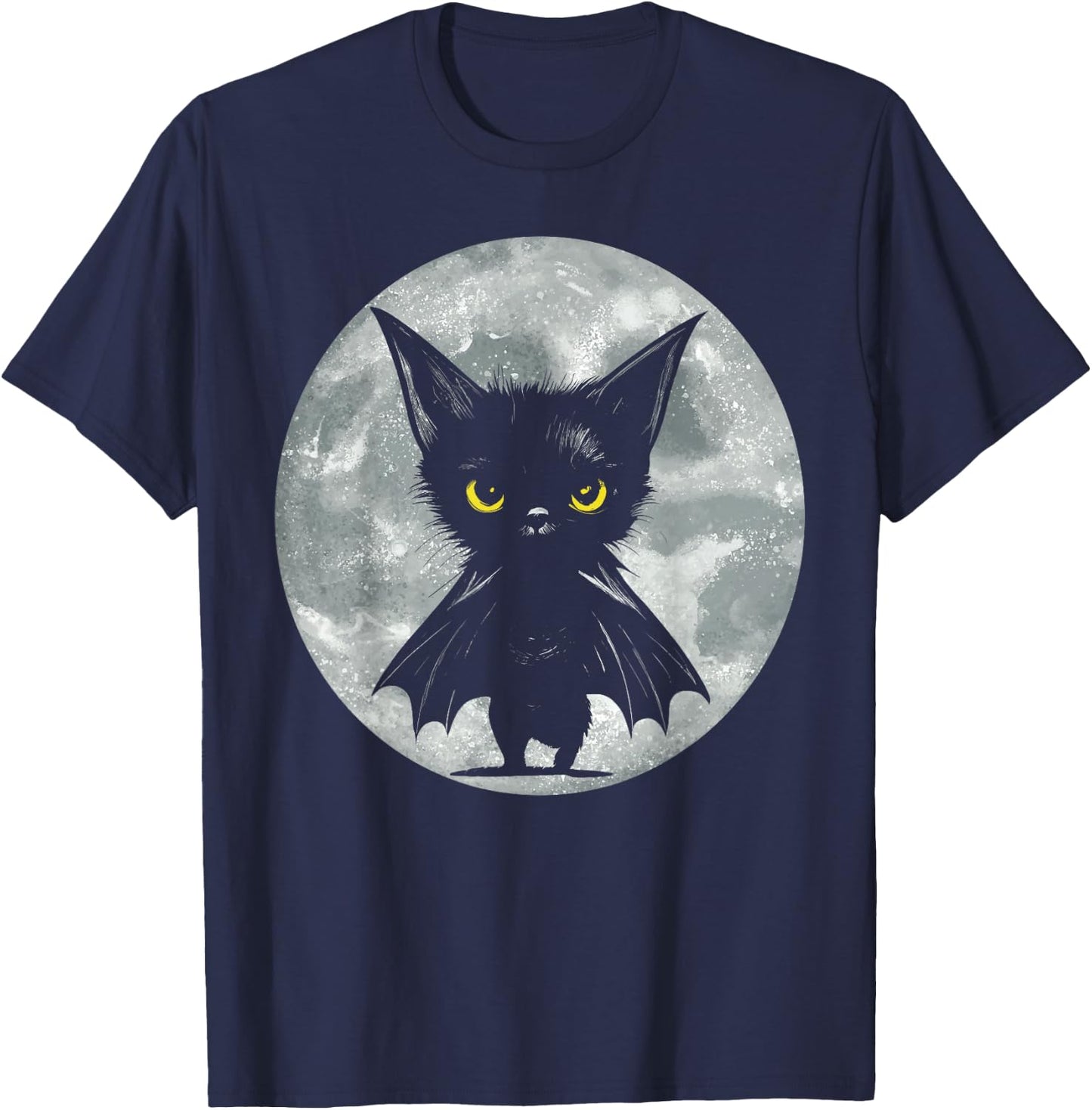 Halloween Cat and Moon: Grumpy Black Kitten In Bat Costume T-Shirt - T-Shirt | Navy