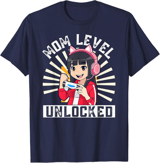Mom Level Unlocked Gamer Pregnancy Anime Mother's Day Lover T-Shirt - T-Shirt | Navy