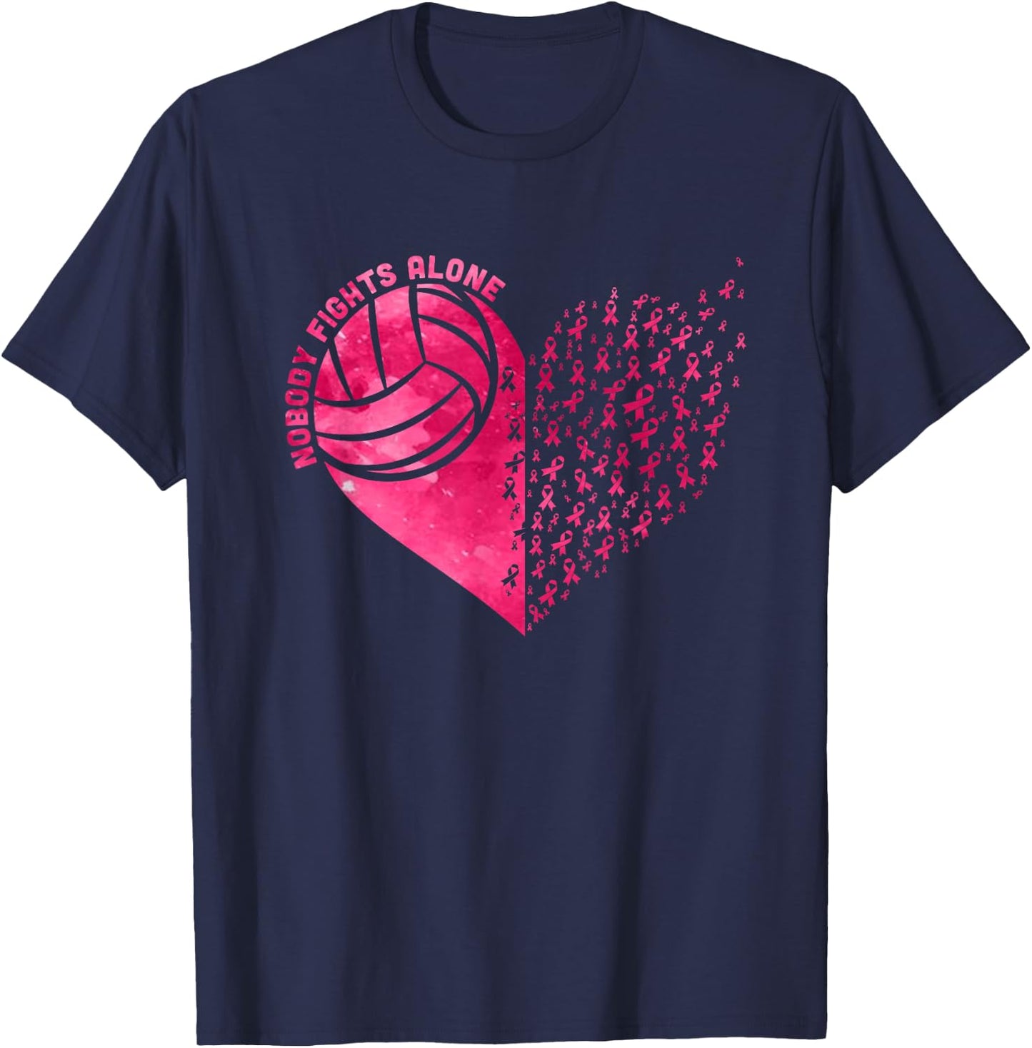 Nobody Fights Alone Pink Volleyball Breast Cancer Awareness T-Shirt - T-Shirt | Navy
