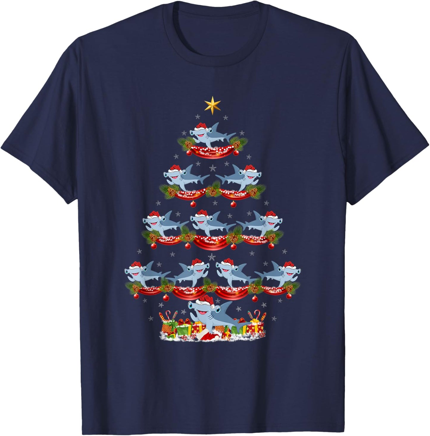 Xmas Holiday Santa Hammerhead Shark Christmas Tree T-Shirt - T-Shirt | Navy