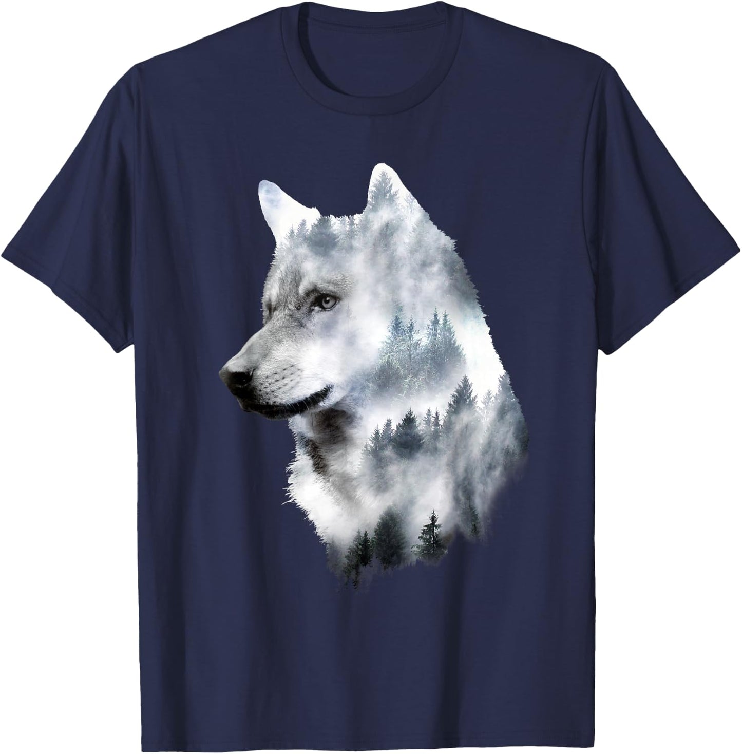 Dramabite Double Exposure Wolf - Men's Black Small Classic Fit Short Sleeve Animal-Wolf Graphic T-Shirt - T-Shirt | Navy