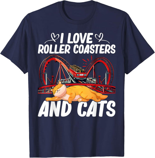 I Love Roller Coasters And Cats Pet Owner Amusement Park T-Shirt - T-Shirt | Navy
